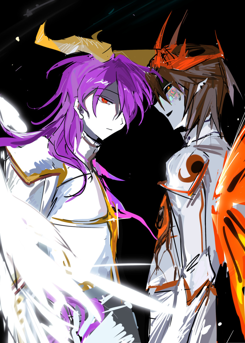 2boys absurdres angel_wings animal_print armor black_background black_sclera breastplate brown_hair butterfly_print butterfly_wings chinese_commentary closed_mouth collared_shirt colored_sclera commentary_request cowboy_shot crown demon_horns ear_piercing expressionless feathered_wings full_armor galacta_knight hair_over_one_eye high_collar highres horns insect_wings kirby_(series) li_(mflywhn256) light_particles long_hair male_focus morpho_knight multiple_boys multiple_piercings nintendo open_mouth orange_eyes orange_wings pants pauldrons personification piercing pointy_ears purple_hair red_crown red_eyes shaded_face shirt short_hair shoulder_armor simple_background slit_pupils white_pants white_shirt white_wings wings yellow_horns