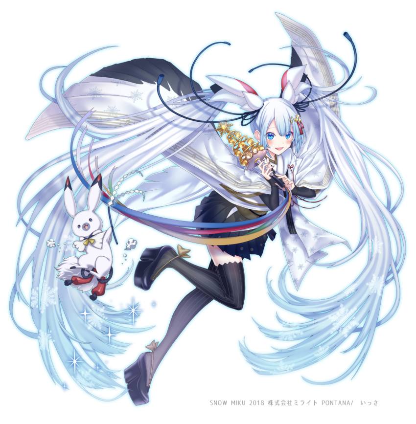 1girl :d animal_ears black_skirt black_thighhighs blue_eyes blush character_name female_focus full_body hair_ornament hatsune_miku highres issa_(sorako45) long_hair looking_at_viewer official_art open_mouth platform_footwear rabbit rabbit_ears shide skirt smile solo streamers suzu thighhighs twintails very_long_hair vocaloid watermark yuki_miku