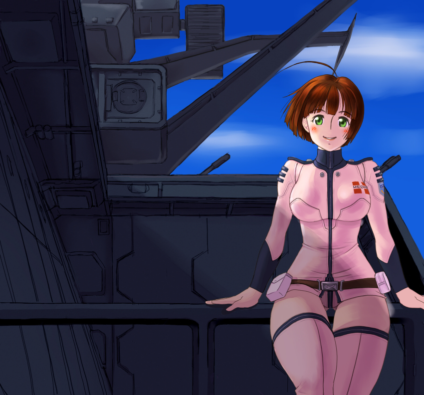 1girl ahoge battleship blue_background blush bodysuit boots brown_hair epaulettes green_eyes harada_makoto highres looking_at_viewer military_uniform military_vehicle ookami_makoto open_mouth pink_bodysuit pink_boots pink_thighhighs ship short_hair shoulder_boards smile spacecraft spacesuit thighhighs thighs uchuu_senkan_yamato uchuu_senkan_yamato_2199 warship watercraft yamato_(uchuu_senkan_yamato)