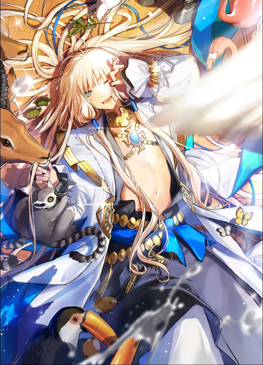 1boy absurdres animal bird blue_gemstone captain_nemo_(fate) deer fate/grand_order fate/grand_order_arcade fate_(series) flamingo gem highres lemur long_hair looking_at_viewer lying male_focus navel nemo_(fate) noah_(fate) non-web_source official_art smile toucan trap turtle