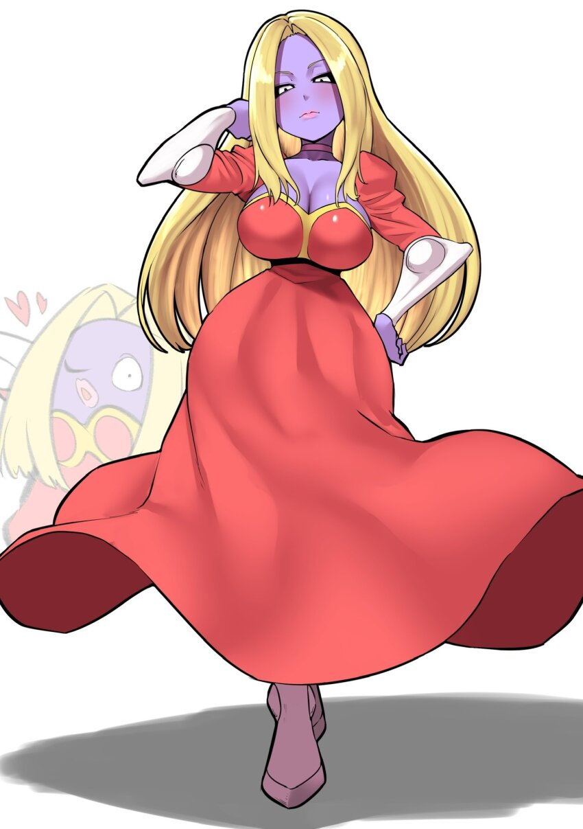 1girl arm_guards black_sclera blonde_hair breasts choker cleavage colored_sclera colored_skin creature_and_personification crossed_legs curvy dress full_body game_freak gen_1_pokemon hand_in_own_hair hand_on_own_hip hand_up heart highres humanization juliet_sleeves jynx large_breasts light_blush long_dress long_hair long_sleeves looking_at_viewer low_neckline narrow_waist nintendo one_eye_closed pero_(pero7762) personification pink_lips pokemon pokemon_(creature) puffy_sleeves purple_skin red_choker red_dress solo watson_cross white_background white_eyes wide_hips