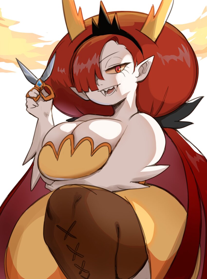 0lightsource 1girl breasts cleavage colored_sclera colored_skin dress fangs hair_over_one_eye hekapoo highres horns large_breasts long_bangs long_hair looking_at_viewer orange_eyes pointy_ears scissors solo spiked_arm star_vs_the_forces_of_evil white_skin yellow_dress yellow_sclera