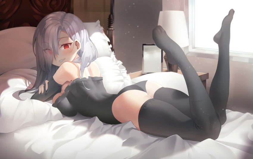 1girl ass bare_shoulders bed black_one-piece_swimsuit black_sleeves black_thighhighs blush breasts commission female_focus grey_hair k_pring large_breasts long_hair looking_at_viewer lying on_bed on_stomach one-piece_swimsuit original red_eyes sharp_teeth solo swimsuit teeth thighhighs