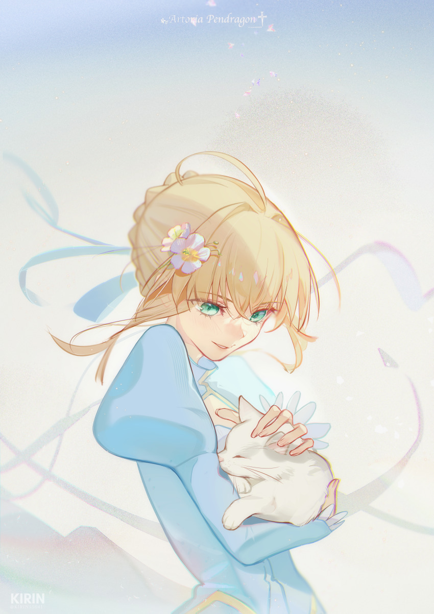 1girl absurdres ahoge animal artist_name artoria_pendragon_(fate) blonde_hair blue_dress braid braided_bun breasts bun_with_braided_base cat dress fate/stay_night fate_(series) flower green_eyes hair_bun hair_flower hair_ornament hair_through_headwear highres holding holding_animal holding_cat kirin55641 long_sleeves looking_at_another medium_breasts original ponytail_with_braided_base saber_(fate) short_hair signature smile solo standing white_cat