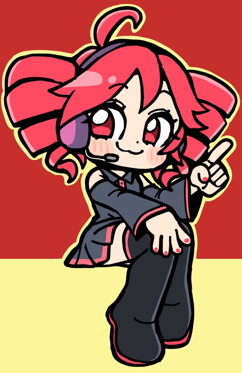 1girl :3 bkub black_boots black_shirt black_skirt black_sleeves blush boots chibi collared_shirt detached_sleeves drill_hair headphones headset highres index_finger_raised kasane_teto miniskirt nail_polish pleated_skirt red_eyes red_hair red_nails shirt simple_background sitting skirt sleeveless sleeveless_shirt solo thigh_boots twin_drills twintails utau