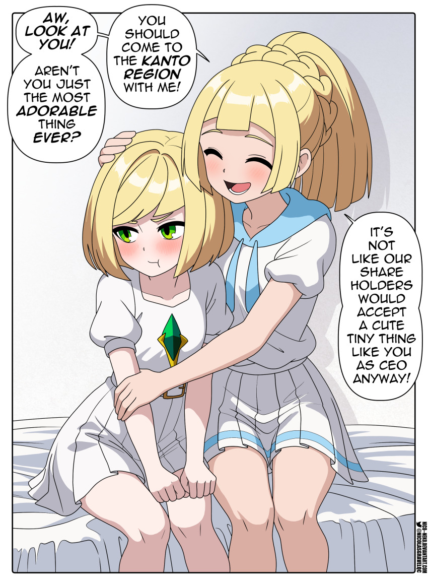 2girls absurdres age_regression aged_down blonde_hair blush child closed_eyes commentary dress english_commentary english_text glasses green_eyes highres lillie_(pokemon) lusamine_(pokemon) mother_and_daughter multiple_girls nico-neko nintendo open_mouth pokemon pokemon_sm ponytail pout short_hair speech_bubble twitter_username watermark web_address white_dress
