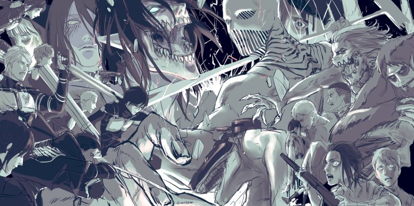 angry armband armin_arlert armor beard beast_titan belt black_hair bleeding blonde_hair blood blood_on_face bodysuit brown_hair cape capelet cart_titan child claws cloak colt_grice connie_springer covered_eyes death dress dual_wielding emblem eren_yeager eyepatch facial_hair facial_mark falco_grice fighting floch_forster founding_titan gabi_braun giant glasses goggles green_cloak greyscale gun hange_zoe helmet helmet_over_eyes highres holding hood hooded_cape hooded_capelet hooded_cloak injury jaw_titan jean_kirstein lara_tybur levi_(shingeki_no_kyojin) long_hair long_sleeves marley_military_uniform medium_hair mikasa_ackerman military military_uniform monkey monochrome muscular muted_color open_mouth pale_color paradis_military_uniform pieck_finger pointy_ears ponytail porco_galliard red_hair rifle rocket rocket_launcher rogue_titan sasha_blouse scar scar_on_face scarf sharp_teeth shingeki_no_kyojin short_hair survey_corps_(emblem) sword teeth theo_magath thigh_strap three-dimensional_maneuver_gear titan_(shingeki_no_kyojin) udo_(shingeki_no_kyojin) undercut vvv020vvv war_hammer war_hammer_titan weapon wire zeke_yeager