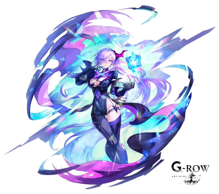 1girl bodysuit breasts cleavage cleavage_cutout clothing_cutout coattails commentary_request company_name covered_navel cube demon eyebrows_visible_through_hat eyes_visible_through_hair gloves hair_over_one_eye highres horns long_hair magic medium_breasts official_art pandora_(phantom_of_the_kill) phantom_of_the_kill ponytail purple_eyes purple_hair second-party_source single_horn single_thighhigh straight-on thighhighs very_long_hair white_background