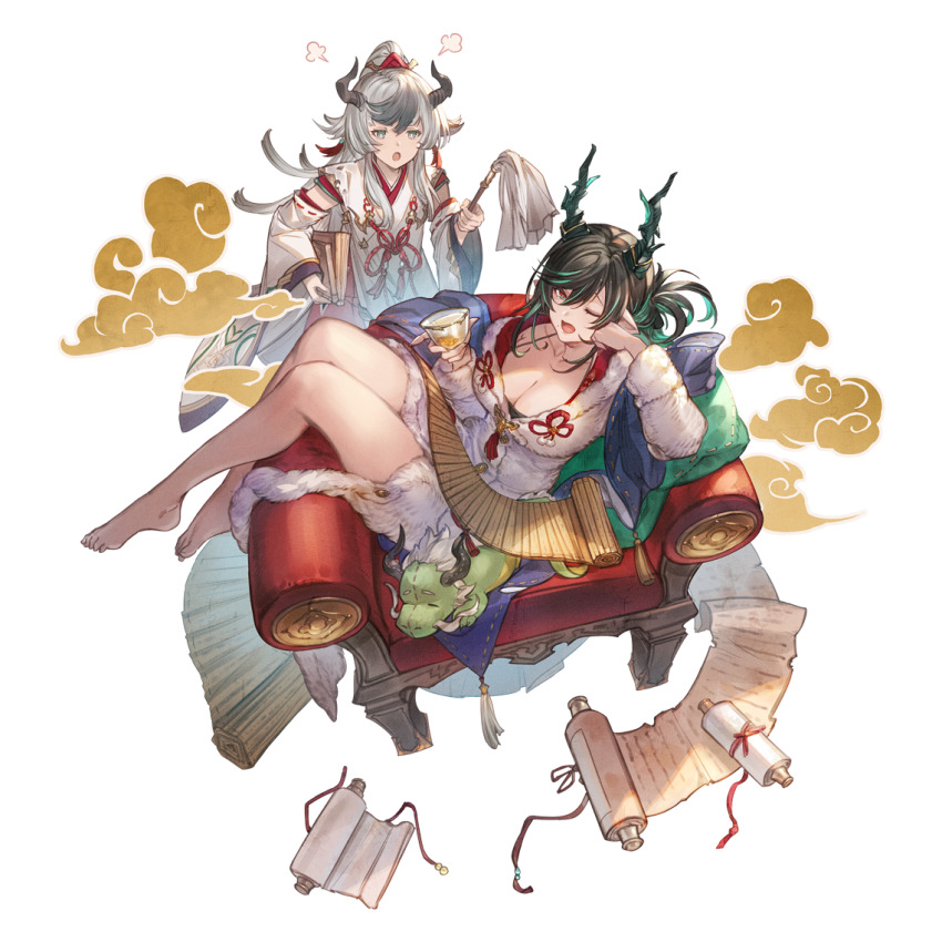 2girls barefoot black_hair book breasts chair cleavage collarbone colored_inner_hair cup dragon_girl dragon_horns draph duster full_body granblue_fantasy green_hair holding holding_cup holding_duster horns large_breasts long_hair minaba_hideo mole mole_under_mouth multicolored_eyes multicolored_hair multiple_girls official_alternate_costume official_art one_eye_closed open_mouth payila_(event)_(granblue_fantasy) payila_(granblue_fantasy) pointy_ears red_eyes robe scroll sitting stuffed_animal stuffed_dragon stuffed_toy transparent_background two-tone_eyes very_long_hair white_robe
