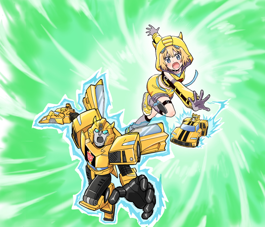 1girl absurdres autobot blonde_hair blue_eyes blue_shirt blush bumblebee_(kotobukiya_bishoujo)_(transformers) bumblebee_(transformers) car cropped_hoodie detached_sleeves gloves grey_gloves grey_socks highres hood hoodie horned_hood horns komagoma kotobukiya_bishoujo mecha motor_vehicle open_hand open_mouth outline robot shirt shoes short_hair shorts sleeveless sleeveless_hoodie sneakers socks thigh_strap transformers v-shaped_eyebrows yellow_shoes yellow_shorts