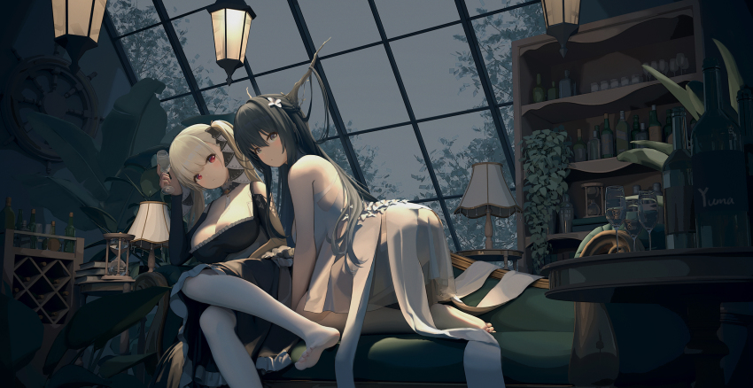 2girls all_fours azur_lane bad_id bad_pixiv_id bare_shoulders between_breasts black_dress black_hair black_nails breasts cleavage clothing_cutout couch dress formidable_(azur_lane) frilled_dress frills green_eyes grey_hair highres indomitable_(azur_lane) indoors lampshade lantern large_breasts long_hair looking_at_viewer multiple_girls nail_polish necktie necktie_between_breasts pantyhose red_eyes ribbon shelf shoulder_cutout twintails two-tone_dress two-tone_ribbon very_long_hair white_dress white_pantyhose yuma_(lyq_yume)