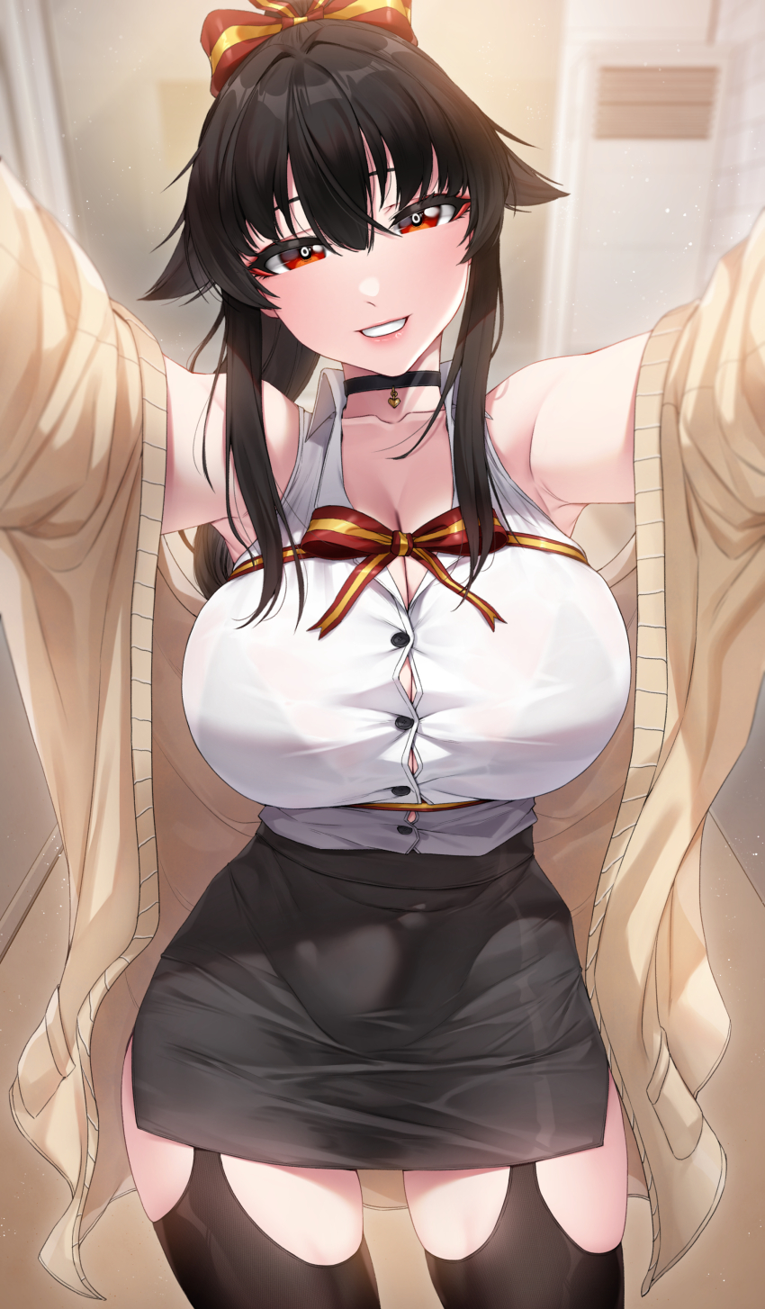 1girl absurdres akchu black_hair coat head_tilt highres open_clothes original outstretched_arms pov red_eyes skirt smile standing sweater