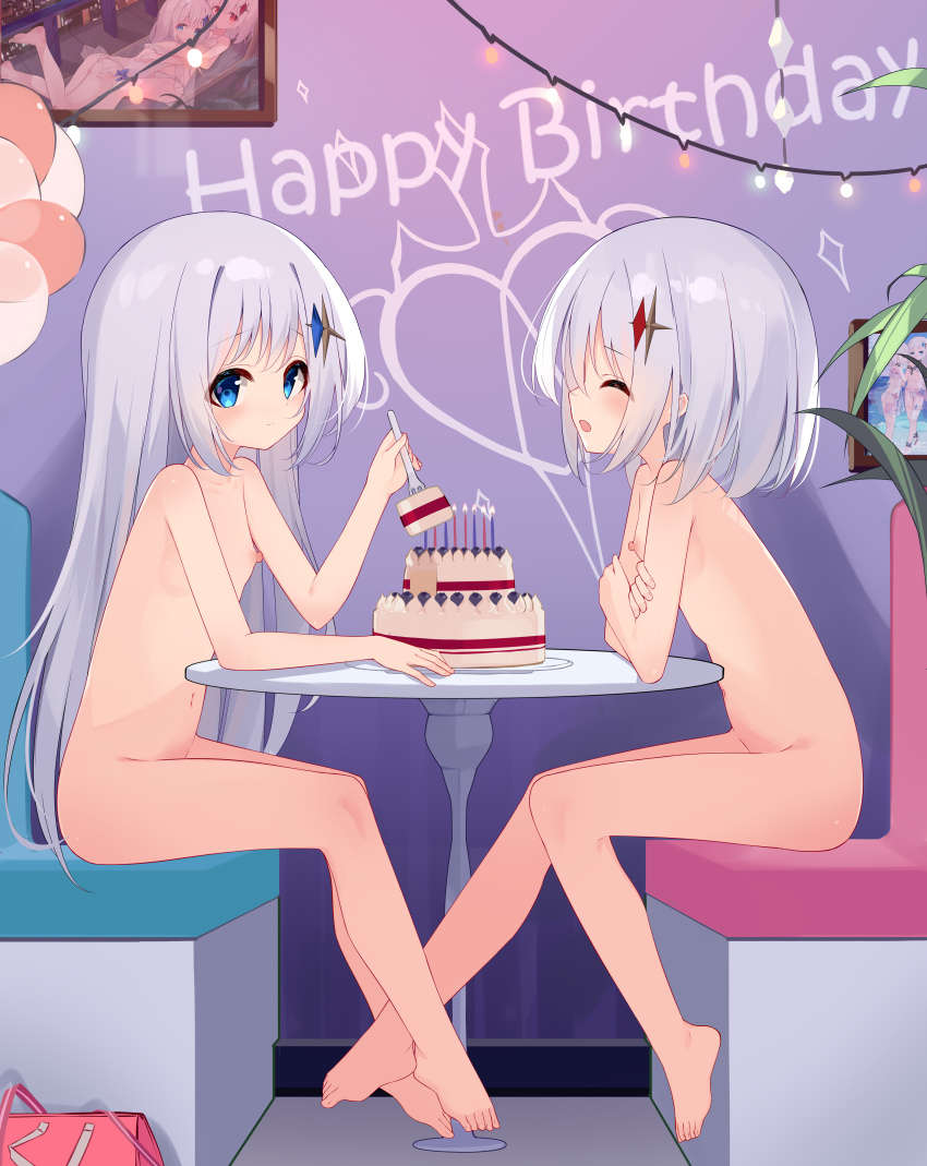 2girls a1352170118 absurdres artist_self-reference bag barefoot blue_eyes cake chinese_commentary closed_eyes closed_mouth commentary_request completely_nude flat_chest food from_side full_body grey_hair hair_ornament happy_birthday highres indoors loli long_hair mo_nv_zhi_wen_nai_bai_he_zhi_wei multiple_girls nipples nude open_mouth second-party_source short_hair siblings sisters sitting smile twins unworn_bag