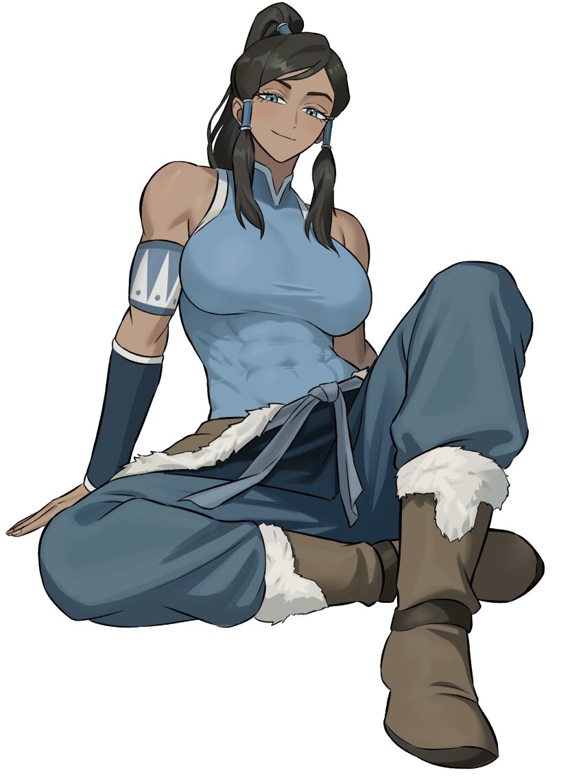 1girl abs absurdres avatar_legends black_hair blue_eyes blue_shirt breasts brown_footwear crossed_legs dark-skinned_female dark_skin highres korra looking_at_viewer ponytail shirt sitting solo the_legend_of_korra twintails zeon_(zzeeonn)