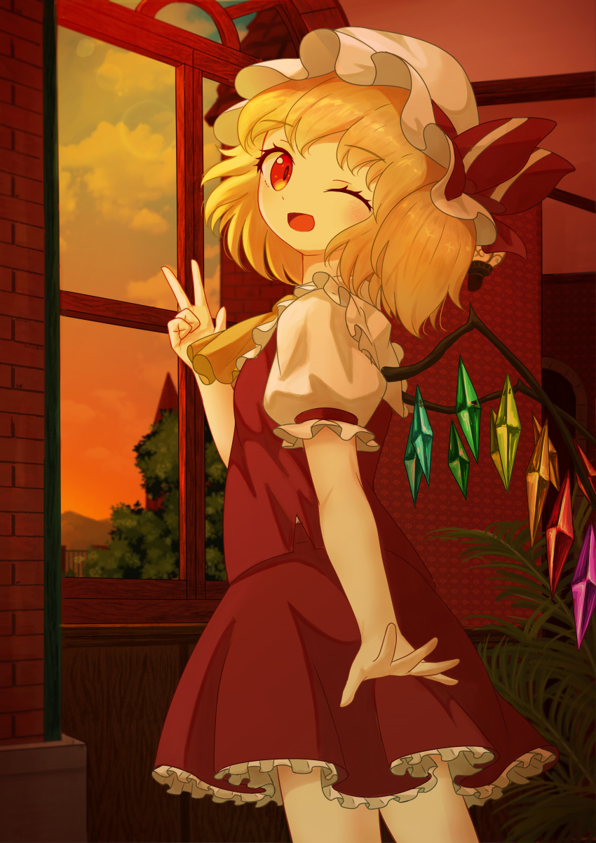 1girl ;d absurdres ascot blonde_hair cloud cowboy_shot crystal crystal_wings ekaapetto fang flandre_scarlet hat hat_ribbon highres looking_at_viewer looking_back mob_cap one_eye_closed open_mouth puffy_short_sleeves puffy_sleeves red_eyes red_skirt red_vest ribbon shirt short_hair short_sleeves side_ponytail skirt skirt_set smile solo standing touhou vest window wings yellow_ascot
