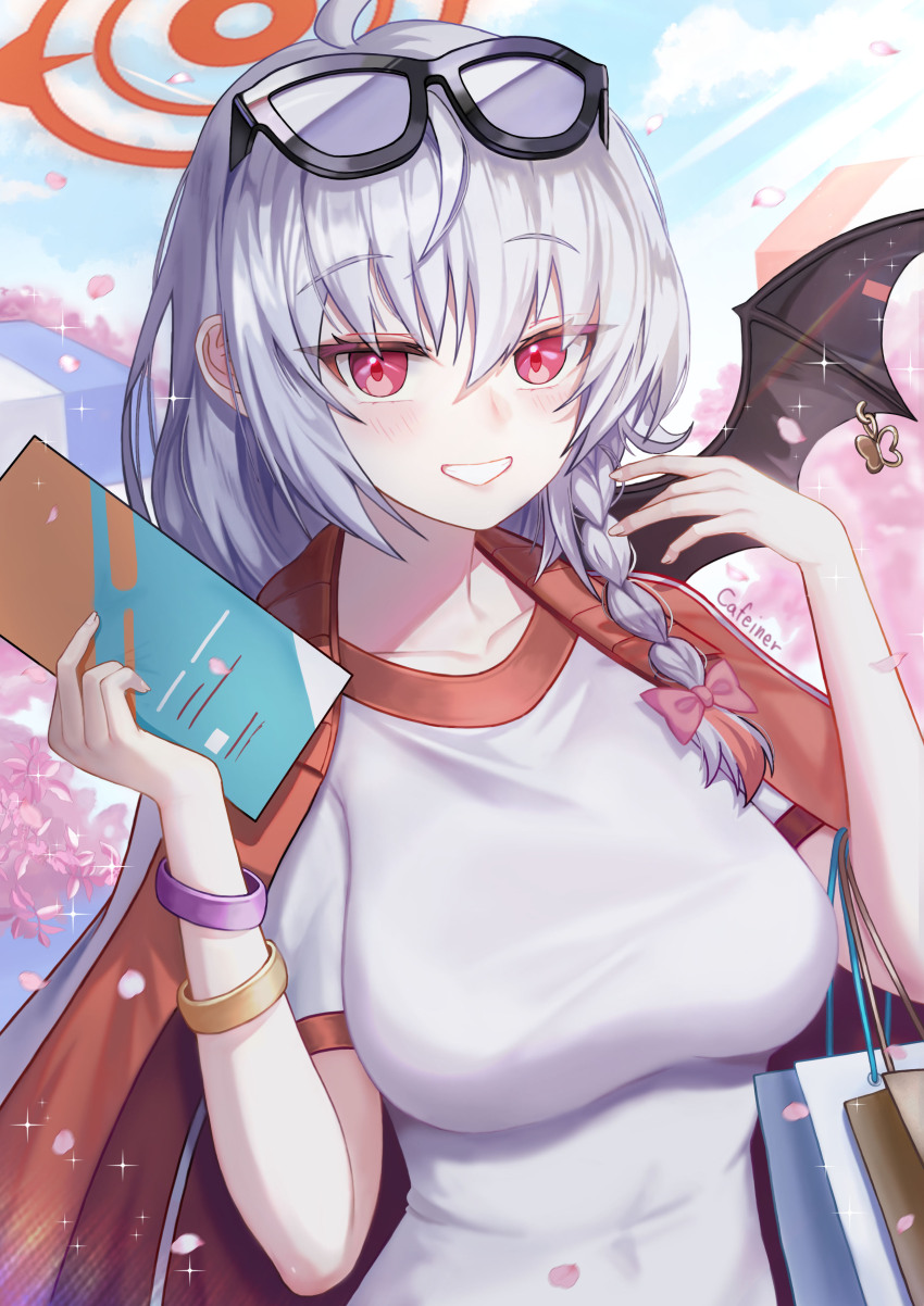 1girl absurdres ahoge black-framed_eyewear blue_archive braid breasts cafeiner cherry_blossoms demon_girl demon_wings eyewear_on_head grey_hair halo haruna_(blue_archive) haruna_(track)_(blue_archive) highres jacket large_breasts long_hair looking_at_viewer official_alternate_costume red_eyes red_halo red_jacket shirt single_braid smile solo sunglasses white_shirt wings