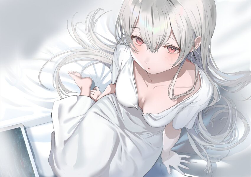 1girl barefoot blush breasts breasts_apart closed_mouth collarbone commentary_request double-parted_bangs dress grey_hair hair_between_eyes hakuchuumu_no_aojashin long_hair looking_at_viewer medium_breasts official_art red_eyes second-party_source shimofuri short_sleeves sitting solo tablet_pc white_dress yonagi_(hakuchuumu_no_aojashin)