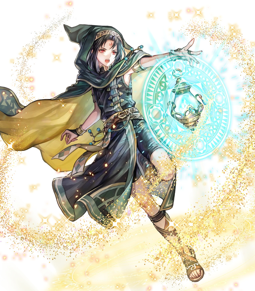 1boy androgynous armlet belt black_hair bracelet cape facial_mark fighting_stance fire_emblem fire_emblem:_radiant_dawn fire_emblem_heroes floating floating_object forehead_mark gladiator_sandals glowing green_cape highres hood hooded_cape jewelry lantern magic magic_circle male_focus nintendo non-web_source official_art open_mouth red_eyes sand sandals senano-yu soren_(fire_emblem) soren_(khadein)_(fire_emblem) transparent_background two-sided_cape two-sided_fabric yellow_cape