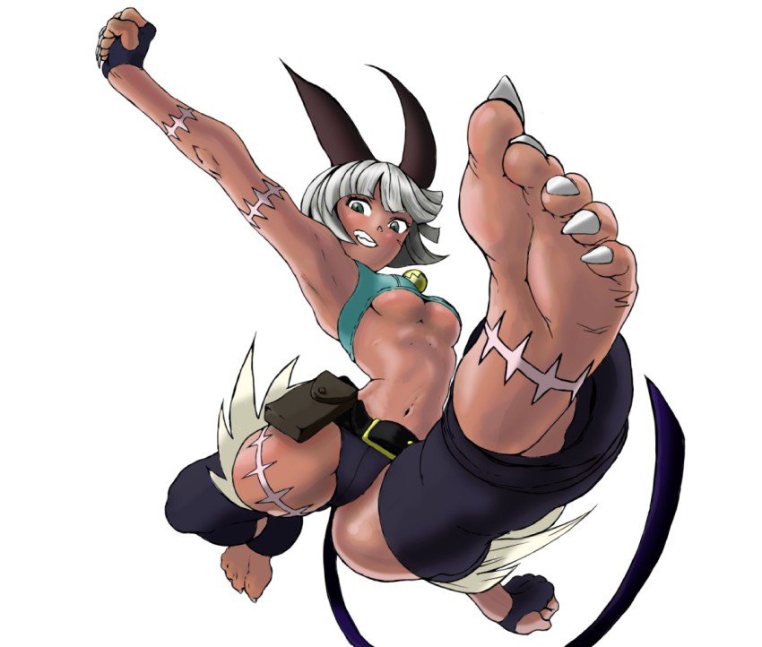 1girl animal_ears bad_id bad_pixiv_id barefoot breasts cat_ears cat_tail claws dark-skinned_female dark_skin feet female_focus fingernails foot_focus hitomaruniigo medium_breasts midriff ms._fortune_(skullgirls) navel sharp_fingernails sharp_toenails short_hair skullgirls soles solo tail toenails toes underboob white_hair