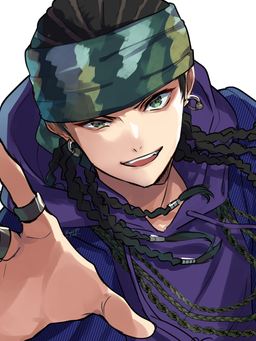 1boy bandana black_hair camouflage chain chain_necklace cornrows douan_kazusato drawstring earrings fang floating_hair green_bandana green_eyes highres hood hood_down hoodie hoop_earrings hypnosis_mic hypnosis_mic:_rule_the_stage jacket_over_hoodie jewelry kishinaito long_hair looking_at_viewer male_focus multiple_necklaces multiple_rings necklace open_mouth portrait purple_hoodie reaching reaching_towards_viewer ring signature simple_background smile smirk solo uneven_eyes v-shaped_eyebrows white_background