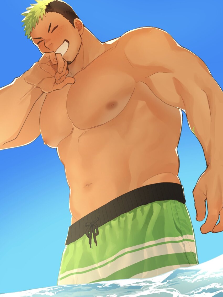 1boy alternate_costume bara black_hair blush closed_eyes commentary dark-skinned_male dark_skin facial_hair from_below goatee green_hair green_male_swimwear grin highres ikusaba_daisuke large_pectorals male_focus male_swimwear multicolored_hair muscular muscular_male nipples pectorals short_hair smile solo swim_trunks symbol-only_commentary tokyo_houkago_summoners topless_male two-tone_hair wading wanijima wrestling_outfit
