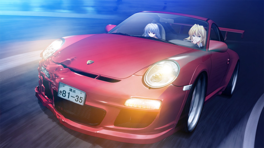 2girls blonde_hair blue_eyes car closed_mouth damaged driving fumio_(ura_fmo) game_cg grey_hair grisaia_(series) grisaia_no_kajitsu harudera_yuria headlight_beam kazami_kazuki license_plate long_hair motor_vehicle multiple_girls night non-web_source official_art outdoors porsche porsche_911 red_car red_eyes road spoiler_(automobile) spoilers