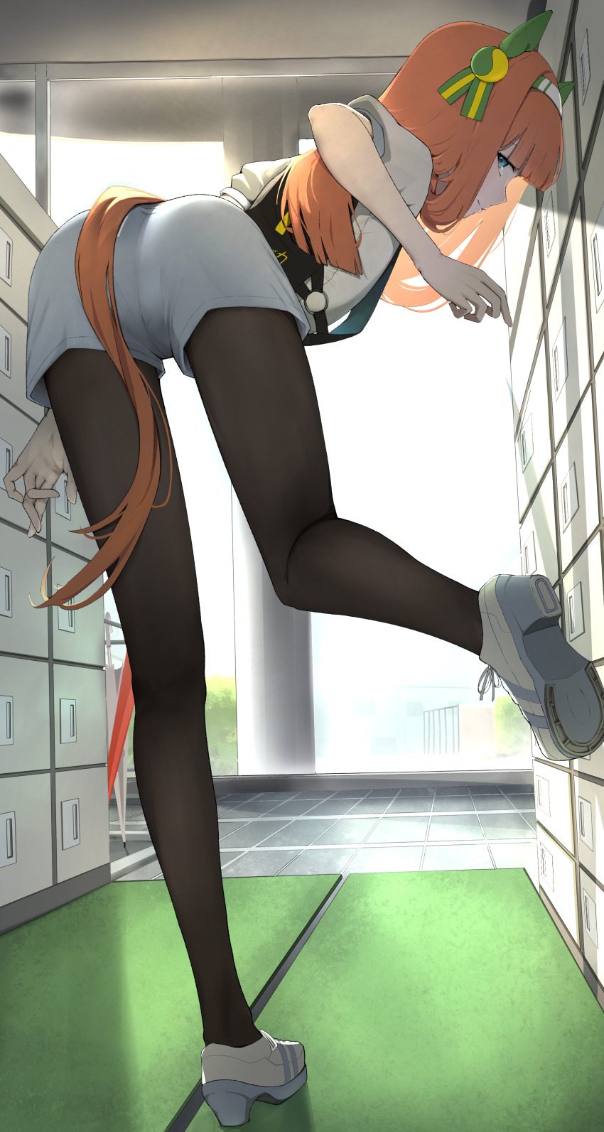 absurdres animal_ears black_pantyhose black_vest blue_eyes blunt_bangs closed_mouth ear_covers from_behind highres horse_girl horse_tail long_hair orange_hair pantyhose queensalmon221 shirt shoes short_shorts short_sleeves shorts sidelocks silence_suzuka_(umamusume) smile standing standing_on_one_leg tail umamusume vest white_shirt white_shoes white_shorts