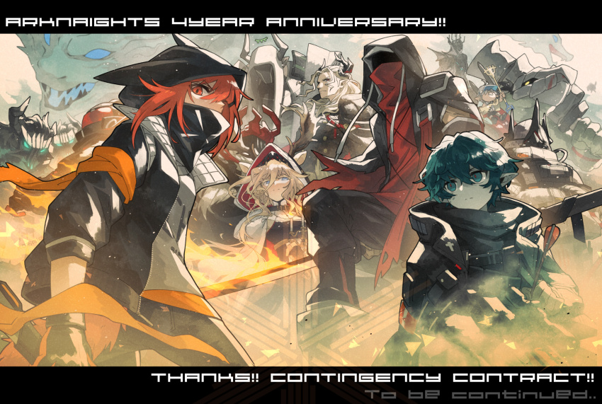 &#039;free&#039;_(arknights) animal_ears animal_hood anniversary antlers arknights armband big_bob_(arknights) black_gloves black_pants black_shirt blonde_hair blue_eyes cape character_request clothes_writing copyright_name crownslayer_(arknights) deer_antlers deer_ears deer_girl demon_horns dragon ears_through_hood faust_(arknights) gloves green_eyes green_hair hair_between_eyes hateful_avenger_(arknights) highres hood hood_up hooded_cape hooded_jacket horns horns_through_hood jacket long_sleeves looking_at_viewer manfred_(arknights) mask medium_hair morini_ochiteru mouth_mask mudrock_(arknights) orange_ribbon pants pointy_ears red_eyes red_hair red_shirt ribbon sarkaz_grudgebearer_(arknights) shirt smile split_mouth the_first_to_talk_(arknights) viviana_(arknights) white_cape white_shirt