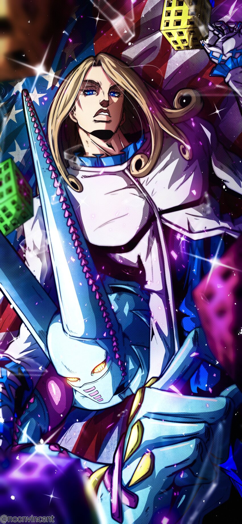 1boy 1other absurdres american_flag animal_ears argyle_clothes argyle_gloves blonde_hair blue_eyes blue_gloves blue_shirt blue_skin coat colored_skin curly_hair dirty_deeds_done_dirt_cheap fake_animal_ears gloves highres jojo_no_kimyou_na_bouken long_coat looking_at_viewer mask menger_sponge mouth_mask noonvincent parted_lips shirt sparkle stand_(jojo) steel_ball_run white_coat white_gloves yellow_eyes