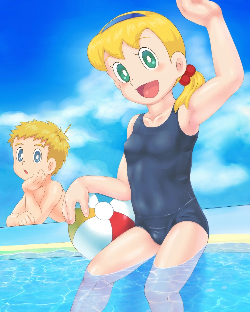 1boy 1girl blonde_hair blush doraemon flock highres open_mouth sarah serra_(eiga_doraemon:_nobita_no_takarajima) smile swimsuit takeru33