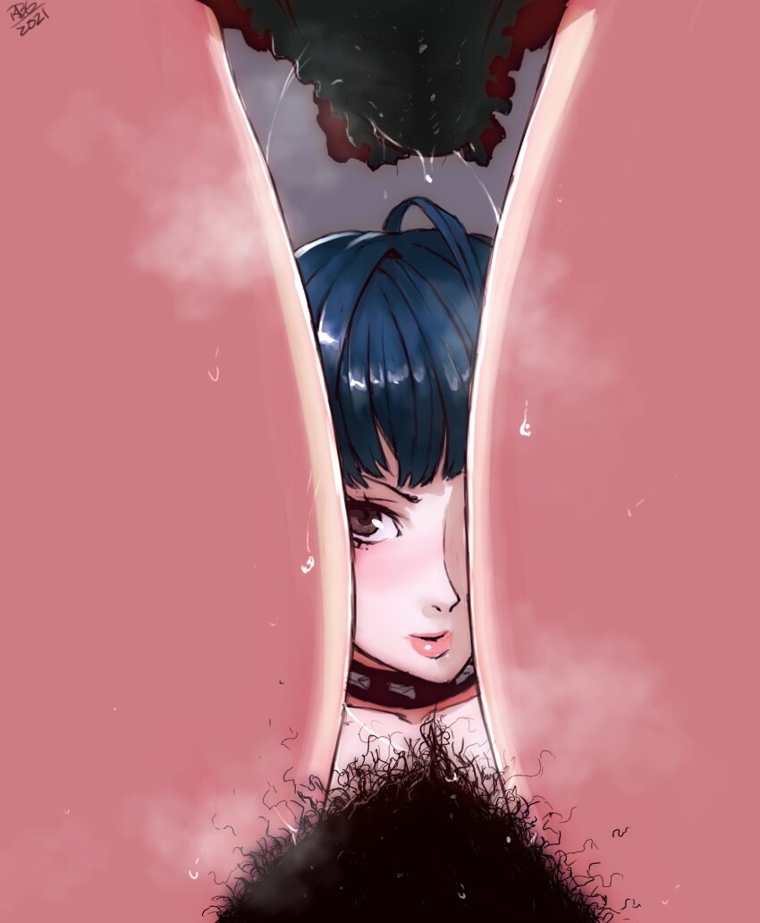 1girl between_legs black_panties blue_hair excessive_pubic_hair female_focus highres looking_at_viewer panties persona persona_5 pubic_hair randomboobguy short_hair solo takemi_tae underwear