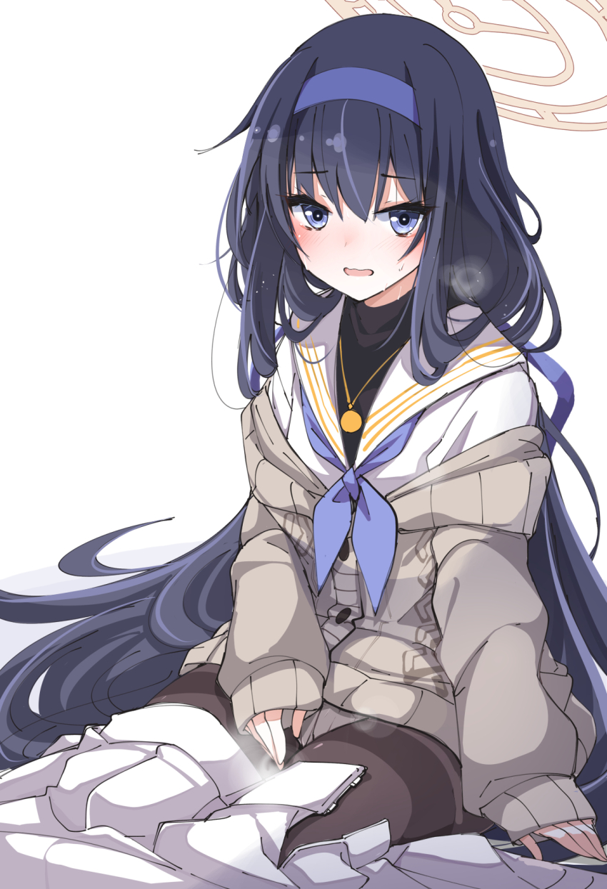 1girl blue_archive brown_cardigan cardigan hairband halo highres implied_masturbation jewelry long_hair mutou_kurihito neckerchief panties panties_under_pantyhose pantyhose pendant purple_hairband purple_neckerchief sailor_collar school_uniform serafuku simple_background sitting solo sweat ui_(blue_archive) underwear very_long_hair wavy_mouth white_background white_sailor_collar white_serafuku