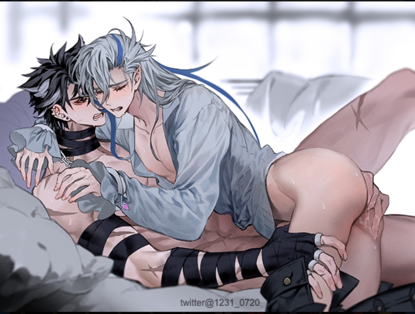 2boys anal_fingering blush disheveled disheveled_hair fingering genshin_impact holding_person multiple_boys neuvillette_(genshin_impact) np_(1231_0720) on_bed open_clothes open_shirt sex sex_from_behind twitter wriothesley_(genshin_impact) yaoi