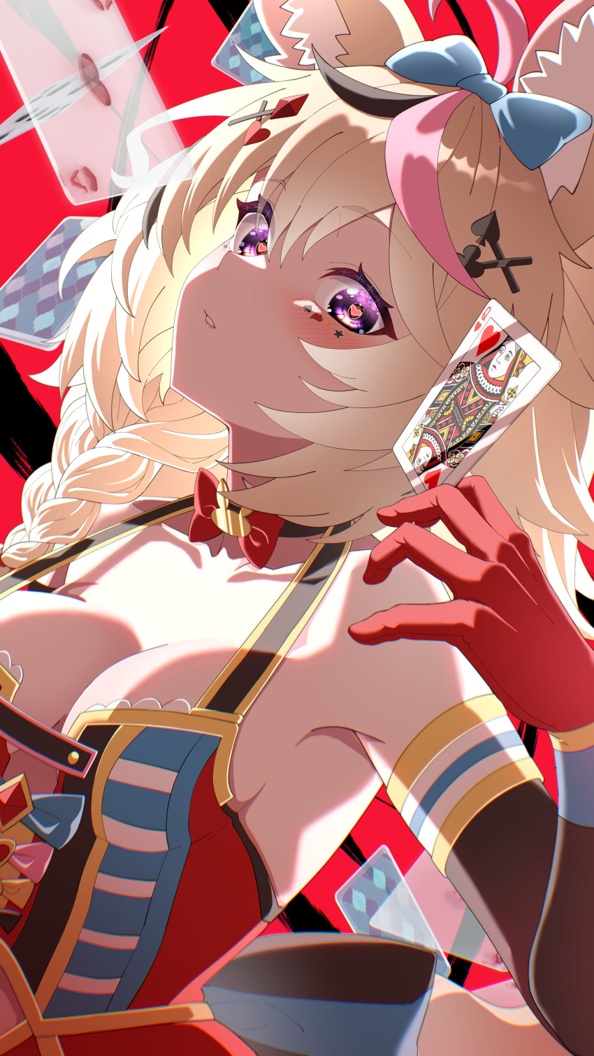 absurdres animal_ear_fluff animal_ears black_choker black_hair blonde_hair blue_bow blush bow bow_choker breasts card choker cleavage elbow_gloves fox_ears fox_girl gloves hair_ornament heart heart-shaped_pupils highres hololive long_hair looking_at_viewer mark_under_eye medium_breasts multicolored_hair omaru_polka omaru_polka_(1st_costume) pink_hair playing_card porco_j purple_eyes queen_(playing_card) queen_of_hearts_(playing_card) red_gloves spade_hair_ornament streaked_hair symbol-shaped_pupils virtual_youtuber