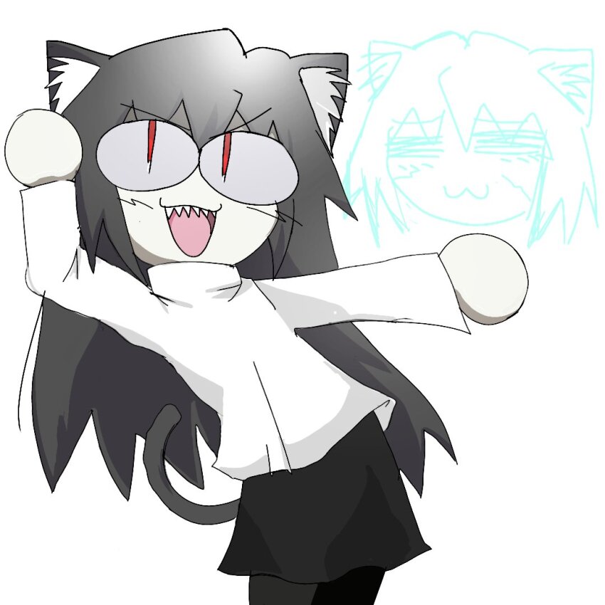 :3 :d animal_ears black_hair black_pantyhose black_skirt blush cat cat_ears cat_tail closed_eyes long_hair melty_blood michael_roa_valdamjong neco-arc_chaos neco_spirit nrvnqsr_narc open_mouth pantyhose red_eyes sharp_teeth sketch skirt smile sweater tail teeth tsukihime turtleneck turtleneck_sweater white_background white_sweater