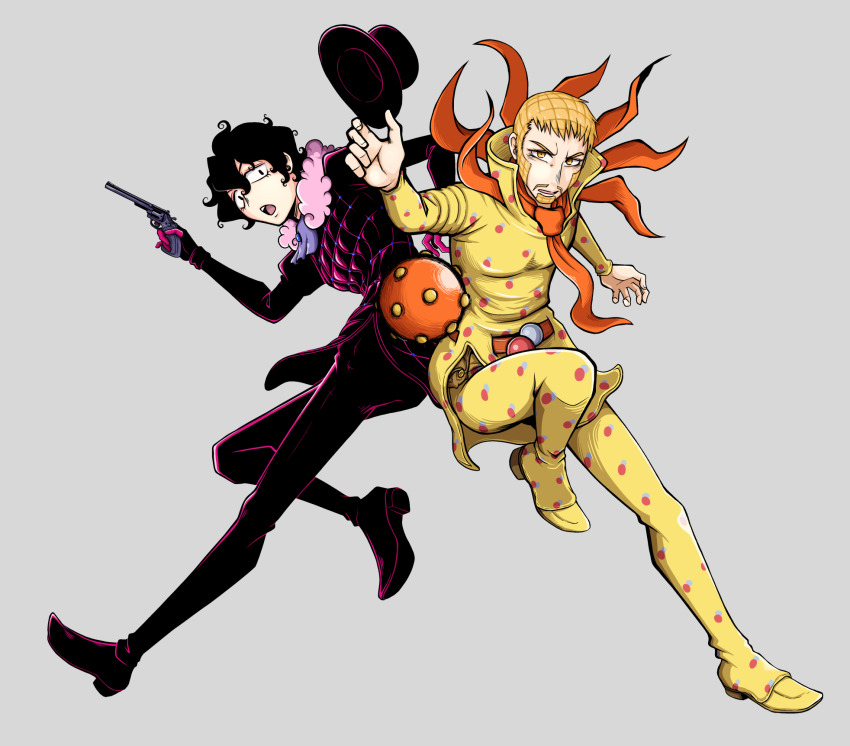 2boys beard black_hair blonde_hair chinkuru coat commentary_request facial_hair fur-trimmed_coat fur_trim gloves grey_background gun handgun hat highres holding holding_gun holding_weapon jojo_no_kimyou_na_bouken magenta_magenta male_focus multiple_boys necktie orange_necktie pants pink_fur red_coat red_gloves red_hat revolver shirt short_hair steel_ball_(jojo) steel_ball_run top_hat unworn_hat unworn_headwear very_short_hair weapon wekapipo yellow_eyes yellow_pants yellow_shirt