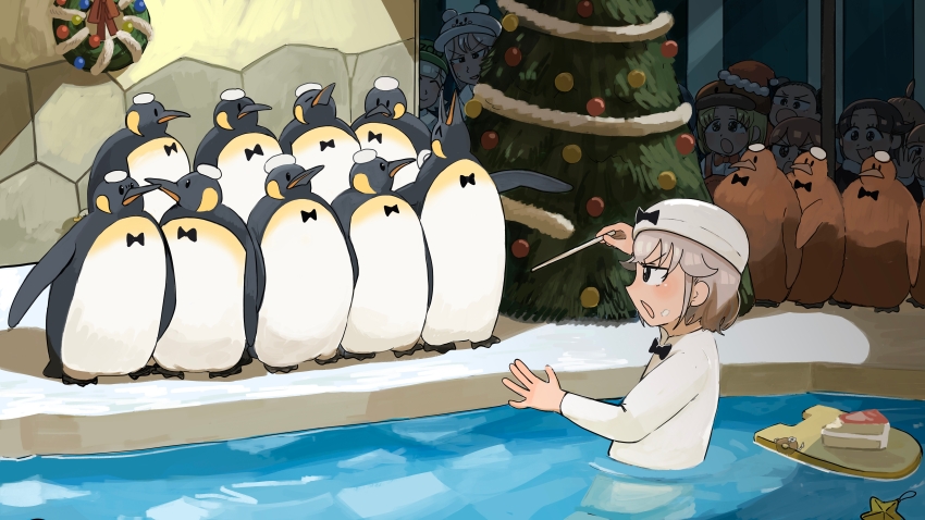 6+girls absurdres bear_hat bird black_bow black_bowtie black_hair blonde_hair bow bowtie cake christmas_tree christmas_wreath commentary conductor_baton diva_(hyxpk) donut_stamp duck english_commentary food girl_with_boyish_hair_(diva) girl_with_fangs_(diva) green_hat grey_hair hat highres king_penguin lion_shirt_girl_(diva) mini_hat mini_santa_hat multiple_girls penguin penguin_fan_(diva) penguin_hat polar_bear_keeper_(diva) pool red_hair red_hat santa_hat seal_keeper_(diva) short_hair survey_girl_(diva) swim_cap topknot_girl_(diva) white_swimcap white_wetsuit wreath zoo zookeeper zookeepers_(diva)