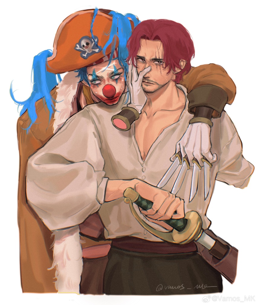2boys absurdres beard blue_eyes blue_hair buggy_the_clown cape cleft_chin closed_mouth clown_nose connected_beard cropped_legs facepaint facial_hair fur-trimmed_cape fur_trim gloves hat highres long_sleeves male_focus multiple_boys one_piece orange_hat pectoral_cleavage pectorals pirate_hat poet_shirt puffy_sleeves red_hair scar scar_across_eye scar_on_face shanks_(one_piece) short_hair signature simple_background sword vamos_mk weapon white_background white_gloves yaoi