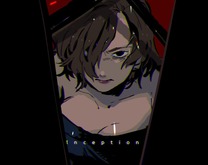 1girl animification archived_source bad_id bad_twitter_id black_eyes blue_dress breasts brown_hair cleavage collarbone dress from_outside glaring hair_over_one_eye inception looking_at_viewer mallorie_cobb raven_croow short_hair solo strapless strapless_dress