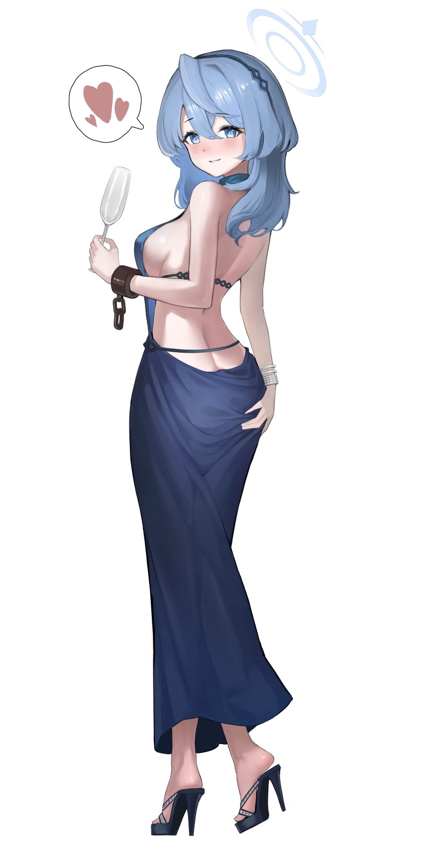 1girl absurdres ako_(blue_archive) ako_(dress)_(blue_archive) backless_dress backless_outfit baibanligui blue_archive blue_dress blue_eyes blue_hair blue_halo blush breasts champagne_flute commentary_request cup dress drinking_glass drunk from_behind full_body halo hand_on_own_ass heart highres holding holding_cup large_breasts looking_at_viewer medium_hair nose_blush official_alternate_costume open_mouth plunging_neckline single_handcuff sleeveless sleeveless_dress solo spoken_heart standing
