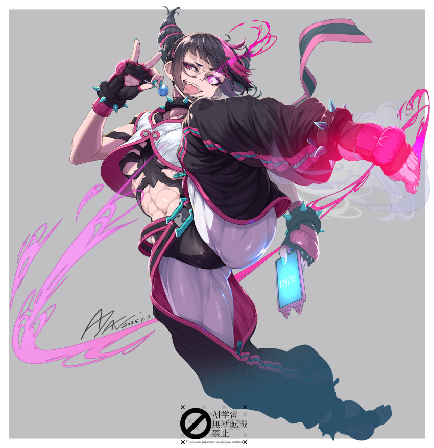 1girl ayaki baggy_pants black_hair bracelet breasts chinese_clothes collar commentary diagonal_bangs drill_hair dudou fingerless_gloves gloves glowing glowing_eye hair_horns han_juri highres jewelry looking_at_viewer medium_breasts multicolored_hair nail_polish navel open_pajamas pajamas panties_over_leggings pants purple_eyes short_hair smile solo spiked_anklet spiked_bracelet spiked_collar spikes street_fighter street_fighter_6 toeless_legwear tongue twin_drills