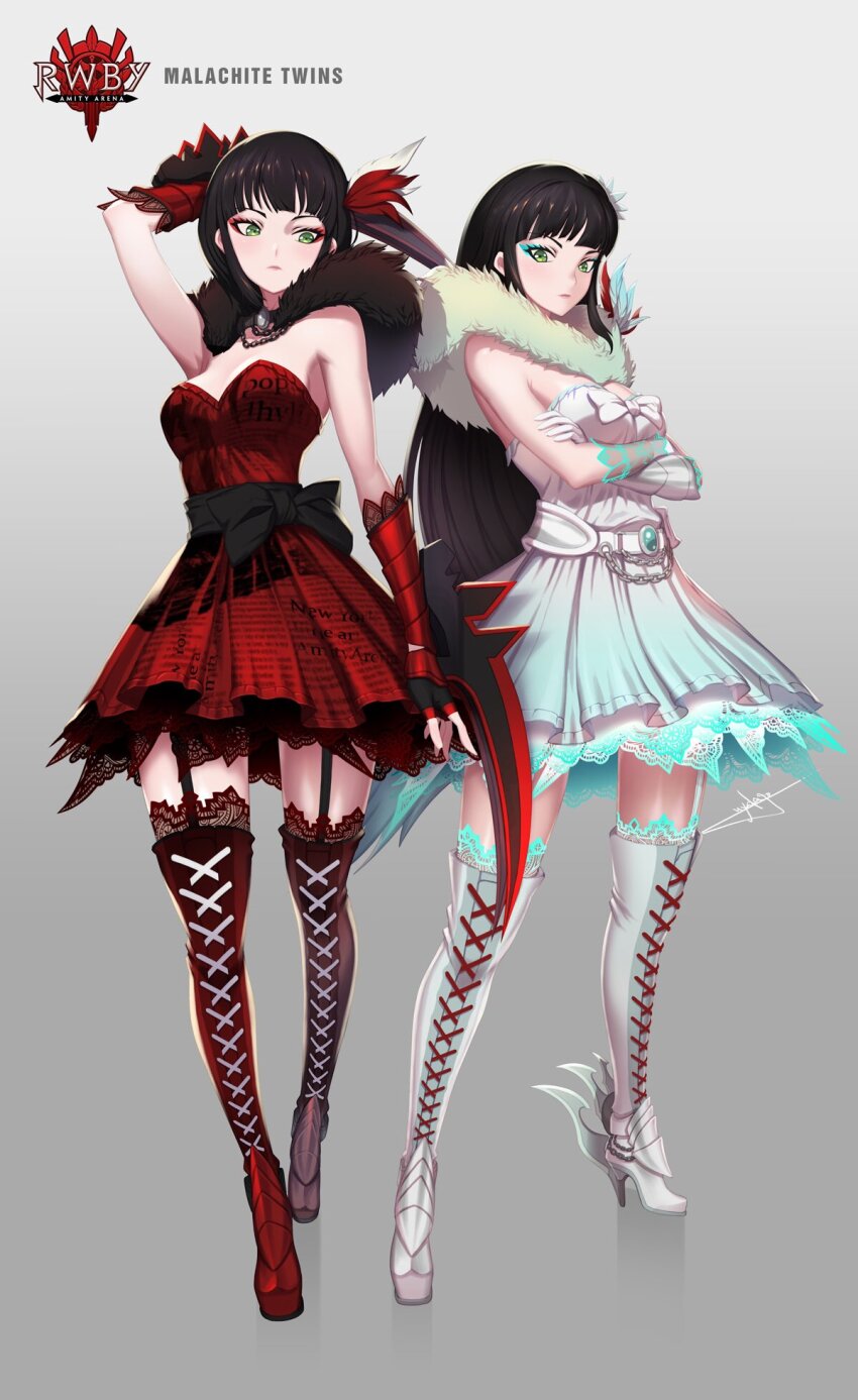 2girls arm_behind_head arm_up belt black_bow black_hair blue_eyeshadow boots bow chain closed_mouth commentary copyright_name crossed_arms dress elbow_gloves english_commentary eyeshadow flower full_body gloves green_eyes grey_background hair_flower hair_ornament highres long_hair makeup melanie_malachite miltiades_malachite multiple_girls official_art red_dress red_eyeshadow red_footwear red_gloves rwby siblings simple_background sisters standing twins uyalago white_belt white_bow white_dress white_flower white_footwear white_gloves