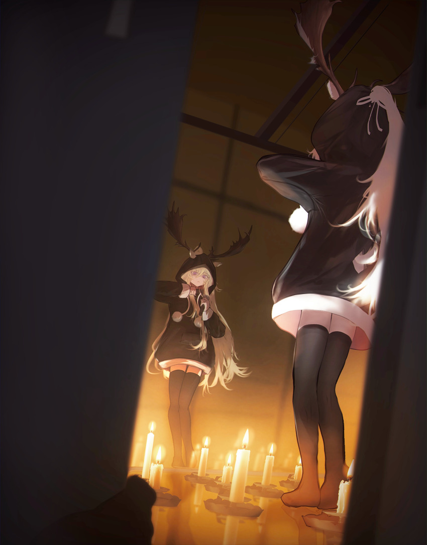 2girls absurdres arknights black_hoodie black_thighhighs blonde_hair candle character_request dancing fake_antlers highres holding holding_microphone hood hood_up hoodie indoors long_hair mebe_(teadia_violet) meme microphone multiple_girls no_pants no_shoes peeking ponytail purple_eyes ritual shikairo_days_dance_(meme) shikanoko_nokonoko_koshitantan standing thighhighs very_long_hair viviana_(arknights) white_hair