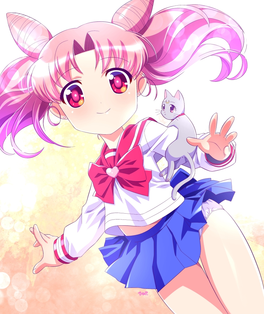 1girl absurdres animal_on_arm bishoujo_senshi_sailor_moon blue_skirt bow cat chibi_usa closed_mouth cone_hair_bun diana_(sailor_moon) double_bun earrings floating_hair grey_cat hair_bun heart highres himehachi_(hime8manga) jewelry long_sleeves looking_at_viewer medium_hair miniskirt panties pantyshot pink_hair pink_pupils pleated_skirt red_bow red_eyes red_sailor_collar sailor_collar school_uniform serafuku shirt skirt smile split_mouth twintails underwear white_panties white_shirt