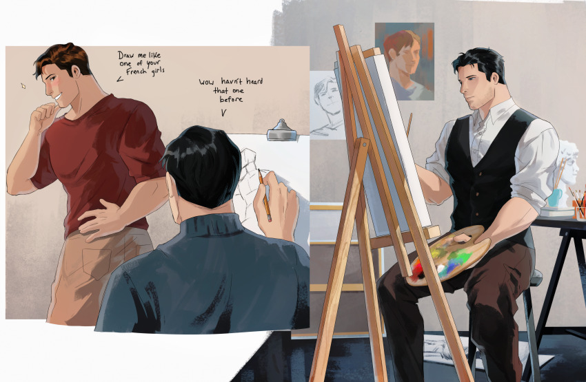 2boys absurdres art_brush ass back bara batman_(series) black_hair black_vest blush brown_hair brown_pants bruce_wayne canvas_(object) closed_mouth couple dc_comics english_text green_lantern_(series) hal_jordan haljordanmylove highres looking_at_another male_focus multiple_boys muscular muscular_male paint paintbrush painting_(object) paint_palette pants red_shirt shirt short_hair sitting smile vest yaoi
