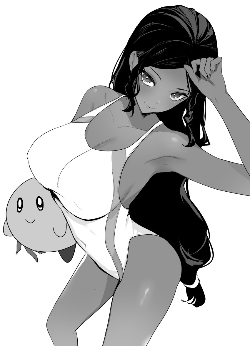 1girl absurdres breasts character_doll character_request competition_swimsuit contrapposto covered_navel dark-skinned_female dark_skin doll feet_out_of_frame from_above grey_eyes highres kirby kirby_(series) large_breasts long_hair looking_at_viewer low-tied_long_hair monochrome nintendo one-piece_swimsuit porroll simple_background solo standing swimsuit