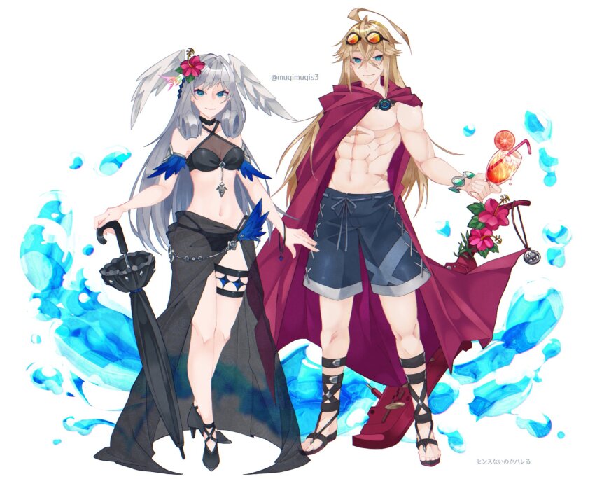 1boy 1girl alternate_costume amputee bikini blonde_hair breasts cleavage cloak eyewear_on_head feathered_wings grey_hair head_wings highres long_hair male_swimwear medium_breasts melia_antiqua mugimugis red_cloak sandals scar shulk_(xenoblade) smile standing swim_trunks swimsuit umbrella wings xenoblade_chronicles_(series) xenoblade_chronicles_3 xenoblade_chronicles_3:_future_redeemed