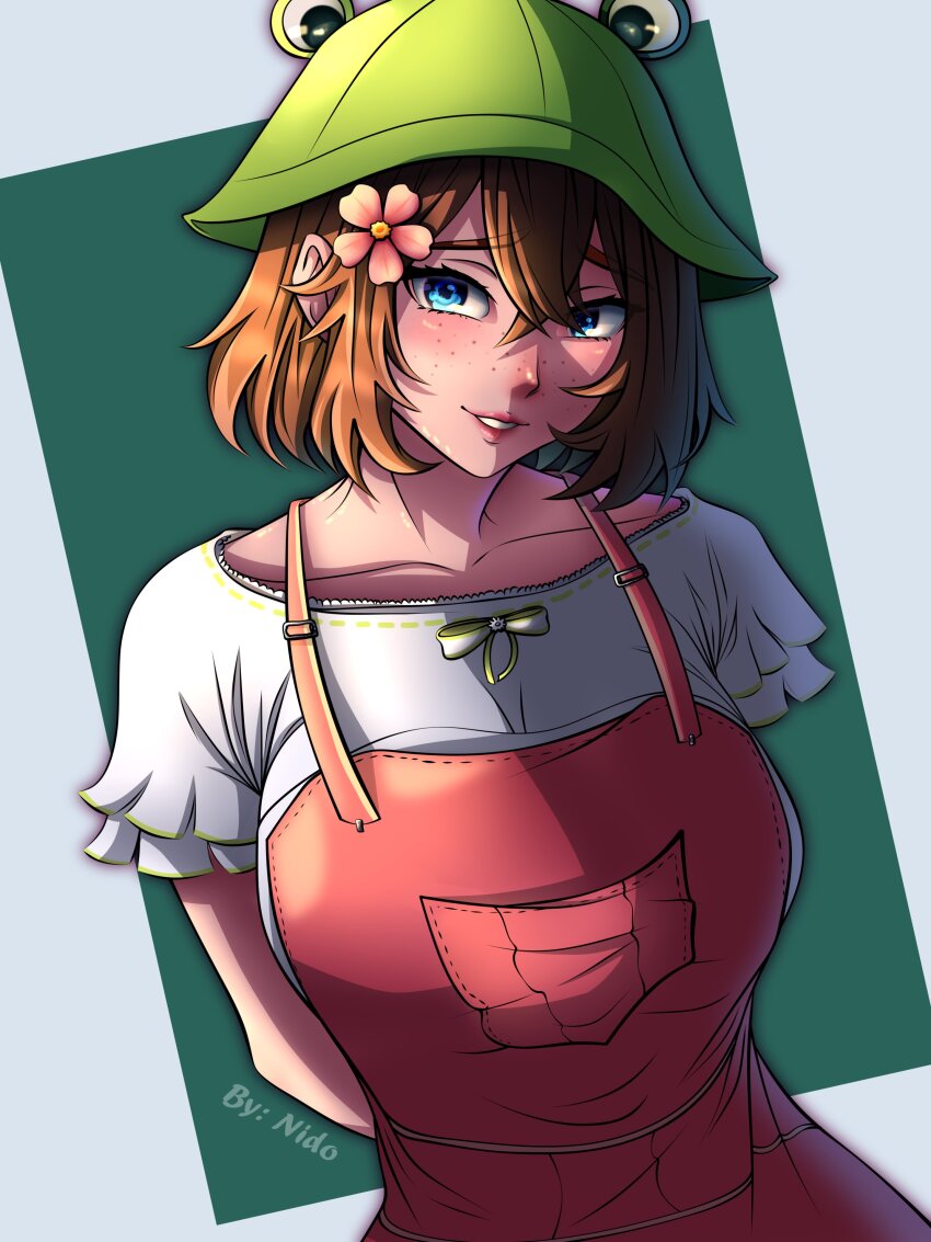 1girl absurdres affternido animal_hat arms_behind_back artist_name blue_eyes blush breasts brown_hair eyebrows eyelashes female_focus freckles frilled_shirt frills green_background green_hat grey_background grin hat highres large_breasts lips looking_at_viewer medium_hair overalls owozu pink_overalls shirt short_sleeves simple_background siri_(vtuber) smile solo teeth two-tone_background upper_body virtual_youtuber white_shirt