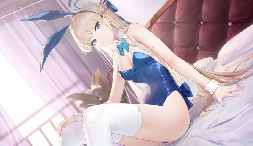 1girl absurdres animal_ears blonde_hair blue_archive blue_eyes blue_hair blue_leotard braid breasts closed_mouth detached_collar fake_animal_ears hair_spread_out highres indoors leotard long_hair medium_breasts multicolored_hair official_alternate_costume playboy_bunny rabbit_ears soeyumi solo strapless strapless_leotard streaked_hair thighhighs toki_(blue_archive) toki_(bunny)_(blue_archive) white_thighhighs white_wrist_cuffs wrist_cuffs