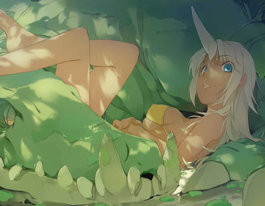 1girl barefoot bikini bikini_top_only blue_eyes bra breasts covered_erect_nipples crocodile crocodilian dappled_sunlight dark-skinned_female dark_skin female_focus green_eyes horns legs_up lingerie looking_at_viewer lying maruku monster monster_girl on_back open_mouth original single_horn skindentation solo sunlight swimsuit underboob underwear white_hair yellow_bikini